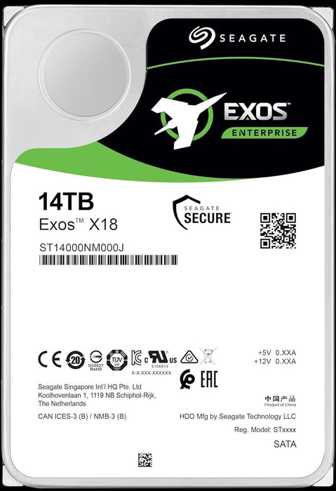Seagate Exos X18 ST14000NM000J - 14TB Hard Drive - Internal - SATA (SATA/600) - Conventional Magnetic Recording (CMR) - Storage System, Surveillance System Compatible - The HDDs