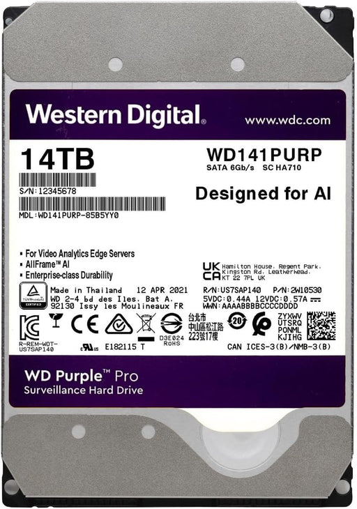 Western Digital 14TB WD Purple Pro Surveillance Internal Hard Drive HDD - SATA 6 Gb/s, 512 MB Cache, 3.5" - WD141PURP - The HDDs